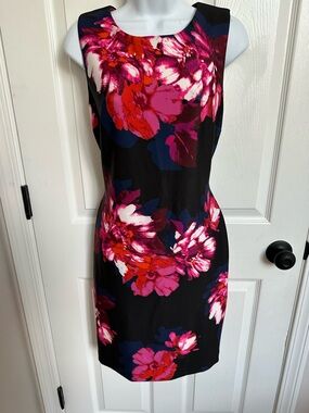 Tommy Hilfiger Black Midi Dress with Fuchsia and Pink Floral Print